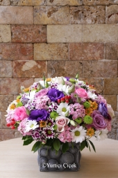 Özel taş saksıda hazırlanan renkli bahar çiçeklerinin butik aranjmanı sevdiklerinizi gülümsetecek en özel armağan olacak.